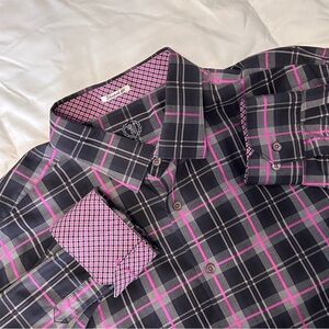 Bugatchi Men’s XXL Cotton Shape Fit Button Down Dress Shirt Black Pink Plaid EUC